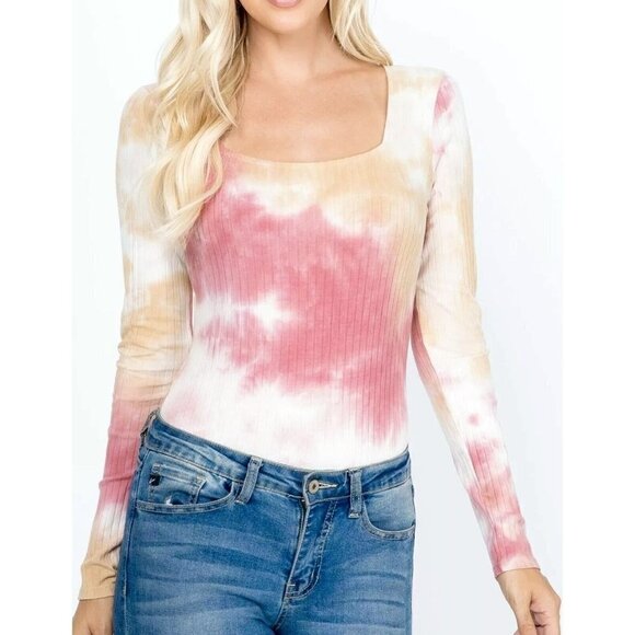 LE LIS Tie-Dye Ribbed Jersey Snap Crotch Bodysuit Blouse Top L/S Medium NWT - Picture 1 of 12